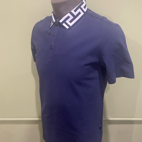 Barabas Navy Blue Polo Shirt with Patterned Collar modern fit casual dressy - Picture 2 of 4